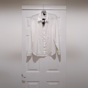 NWT Women Lauren RALPH LAUREN Lace Trim Cotton Voile Shirt relaxed Cream XL